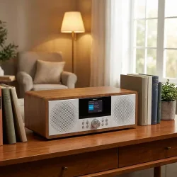 Kompaktes Musiksystem in Holz-Optik, Internetradio, DAB+/FM, CD, Bluetooth, 2x100W