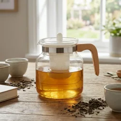 Glas-Teekanne 1,5L mit Holz-Griff, hitzebeständiges Borosilikatglas, transparent/weiss
