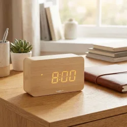 Digital-Wecker in Holz-Optik, LED-Anzeige, Thermometer, USB & Batterie