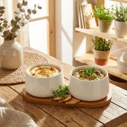 Tapas Schüsseln Set in Weiss mit Bambus-Tablett, 3tlg., je 200 ml