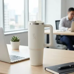 Isolierbecher 1 Liter mit 30 cm Strohhalm, Edelstahl, mattcreme