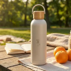 Thermosflasche 0,5 Liter mit Bambus-Deckel, Edelstahl, mattcreme