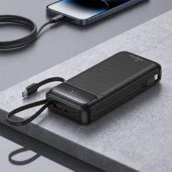Powerbank 20.000mAh mit integrierten Kabeln, USB-C PD & Quick Charge, LCD, schwarz