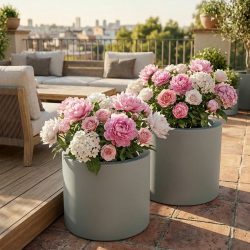 2er-Set Blumentopf 19L aus Kunststoff, Ø38cm, beton-grau
