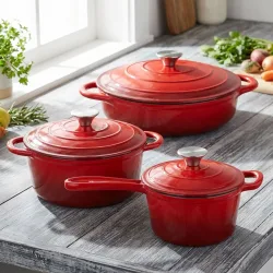Premium Gusseisen Topfset 3tlg. in Rot, 1,6L, 2,2L und 3,24L