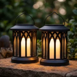 2er LED Solar Retro Laterne, Flammeneffekt, schwarz