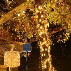 Kupferdraht Lichterkette, solarbetrieben, 22 m, 200 warmweisse LEDs, IP44