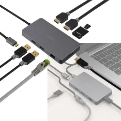 USB Multi-Port-Adapter USB-C male auf 2x HDMI, RJ45, 2x USB-A, USB-C +PD3 und CardReader