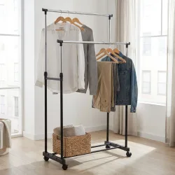 Doppel Kleiderständer, mit Rollen, Kleiderstange ausziehbar 90 cm- 160 cm