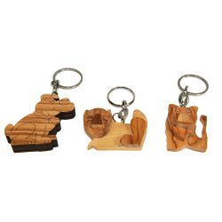 3er-Set Schlüsselanhänger Hund, Katze und Löwe, aus Olivenholz, braun, 5 x 5 cm