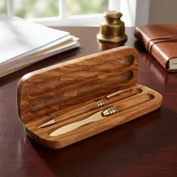 Elegante Holzbox mit Kugelschreiber & Brieföffner, 17 x 6 cm, Olivenholz