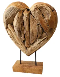 Teakholz-Herz-Skulptur auf Sockel, Dekoherz Liebe, 24 x 30 x 8
