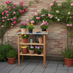 Pflanztisch aus Tannenholz, Pflanzregal mit Metall Arbeitsplatte, 75 x 90 x 36 cm