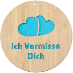 Grusskarte aus Bambus, Ich vermisse Dich, rund, blau, Klappkarte