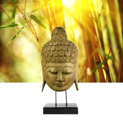 Buddha-Maske auf Ständer aus Albesia-Holz, Höhe 65 cm