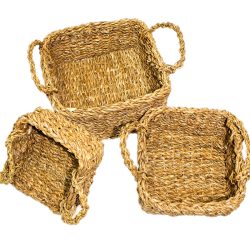 3-teiliges Körbe-Set aus Seegras, jeweils 2 Henkel, braun, viereckig