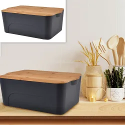 Aufbewahrungsbox mit Deckel, Kunststoff und Bambus, 40 x 27 x 15 cm, anthrazit