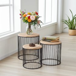 3er-Set Beistelltische, Holz und Metall, schwarz & braun