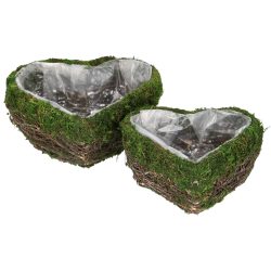 2er-Set Dekoschalen Natur Herz mit Ästen und Gras, natürliche Pflanztöpfe mit Innenfolie