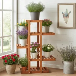 Blumenregal aus Tannenholz, Pflanzenständer mit 5 Ebenen, 125 x 81 x 25 cm, hellbraun