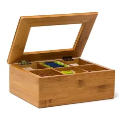 Teebeutelbox aus Bambus, Kästchen für Tee mit 6 Fächern, Platz für ca. 60 Teebeutel