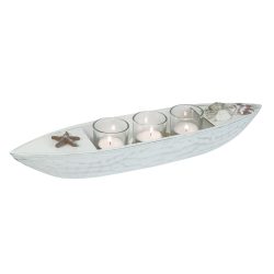 Teelichthalter Boot, 3 Teelichtgläser in maritimer Schale, 40 x 10 x 8 cm