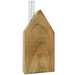Aufsteller Haus mit Glasröhrchen, Blumenvase, Glas, Mangoholz, 9 x 18 x 3 cm