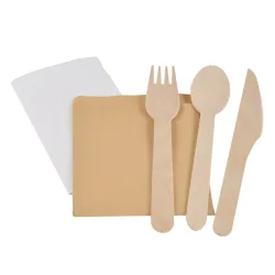 Einwegbesteck 6er-Set aus Holz, Holzbesteck mit Löffel, Gabel, Messer und Serviette