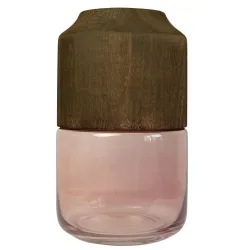 Vase aus Glas und Blauglockenbaum-Holz, edle Blumenvase, transparent, braun, 17 x 28 cm
