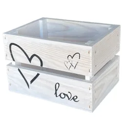 Geschenkkiste aus Holz, weiss, Love mit Herzen, 21 x 15 x 13,5 cm