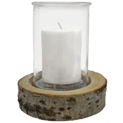 Kerzenglas auf Holzsockel, Windlicht Natur, weiss, braun, Ø 10 x 13,5 cm, Ø 15 x 4 cm