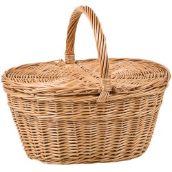 Korb aus gesottener Vollweide, Korb oval mit Deckel und Henkel, braun, 28 x 19 x 34 cm