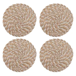 4er Tischsets aus Stroh- und Polyester-Geflecht, Platzdeckchen rund, braun, weiss, Ø 38