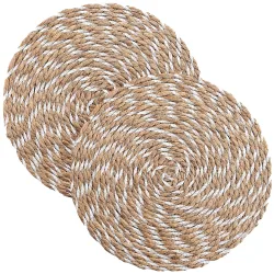 2er Tischsets aus Stroh- und Polyester-Geflecht, Platzdeckchen rund, braun, weiss, Ø 38