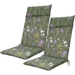 2er-Set Hochlehner-Auflage, Gartenstuhlkissen wasserabweisend, Blumenmuster grün, 120x50cm
