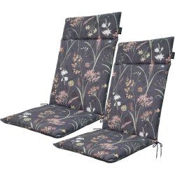 2er-Set Hochlehner-Auflage, Gartenstuhlkissen wasserabweisend, Blumenmuster anthrazit