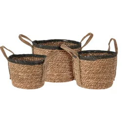 3-teiliges Körbe-Set aus Rattan, rund, mit jeweils 2 Henkel, braun & schwarz, Übertopf