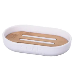 Seifenschale aus Bambus und Kunststoff, Seifenablage oval, braun, weiss, 12,3 cm x 7,8 cm