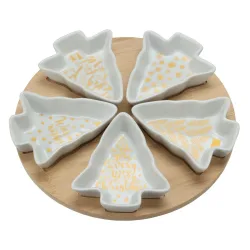 Servierset 6-teilig aus Keramik und Bambus, Schalen in Tannenform, 26,5 x 26,5 x 50 cm