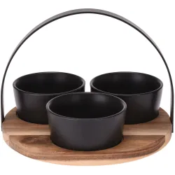 Servier-Set, Steingut, schwarz, mit Holztablett und Metallbogen, 3 Schalen