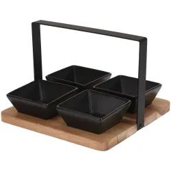 Servierset aus Schüsseln und Tablett, Steingut und Akazienholz, 20 x 20 cm