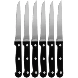Steakmesser 6er-Set aus Edelstahl, Grillmesser mit gezackten Klingen, Länge 21 cm