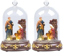 2er-Set Weihnachtskrippen mit Glasglocke, LED-Beleuchtung, handbemalt