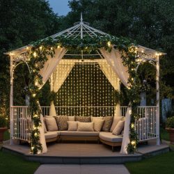 Outdoor-Lichtervorhang, 300 LEDs, Fernbedienung, 3 x 3 m, warmweiss, IP44