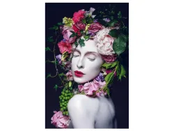 image LAND Digitaldruck auf Glas Hübsche Frau mit Blumen Perücke  | Schubiger Möbel