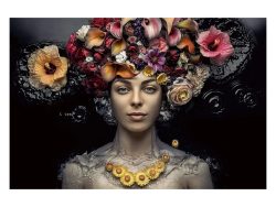 image LAND Digitaldruck auf Glas Damen mit Blumenperücke 100x150 cm  | Schubiger Möbel