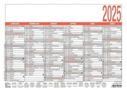 Zettler - Namenstagekalender 2025 weiß/rot, 29,7x21cm, Plakatkalender mit Jahresübersicht, 6 Monate auf 1 Seite, Namenstage, Arbeitstage-, Tages- und Wochenzählung und deutsches Kalendarium