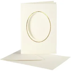 Creativ Company Passepartout-Karten mit Kuvert, Ovaler Ausschnitt , mit Goldkante, Kartengröße 10,5x15 cm, Umschlaggröße 11,5x16,5 cm, Naturweiß, 10er Set
