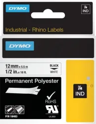 Dymo IND S0718210 / 18483 Authentic Rhino Polyester Schriftband Selbstklebend Schwarzer Druck auf Weiss 12 mm x 5.5m