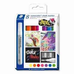 Kreidemarker STAEDTLER Lumocolor®, Rundspitze, Strichbreite 2,4 mm, für glatte Oberflächen, Flüssigkeit auf Wasserbasis, 8er-Set farbsoriert